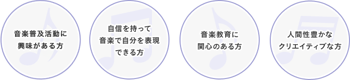 自信を持って音楽で自分を表現できる方、音楽教育に関心のある方、人間性豊かなクリエイティブな方